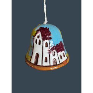Hand Painted Pottery Bell Ornament Mountain Village Scene Folk Art 1 1/8"